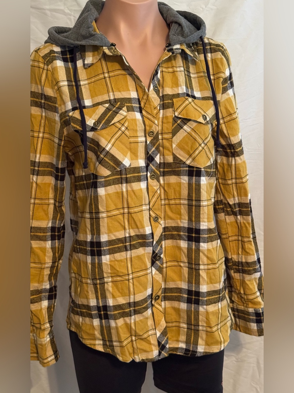 NWT! Mustard Yellow Plaid Flannel Hooded Button-Front Shirt